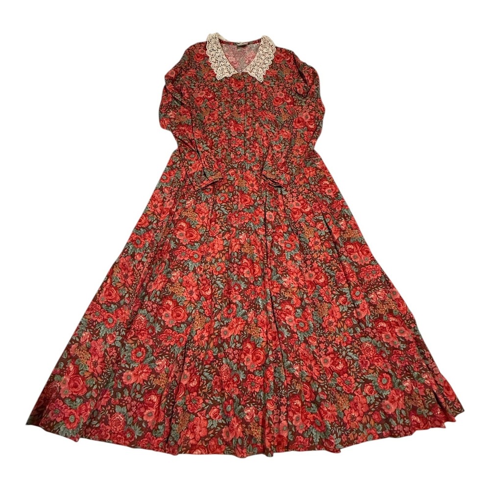Vintage Laura Ashley Womens 8 red Floral Maxi Dress‎ Lace Collar Cottage Prairie